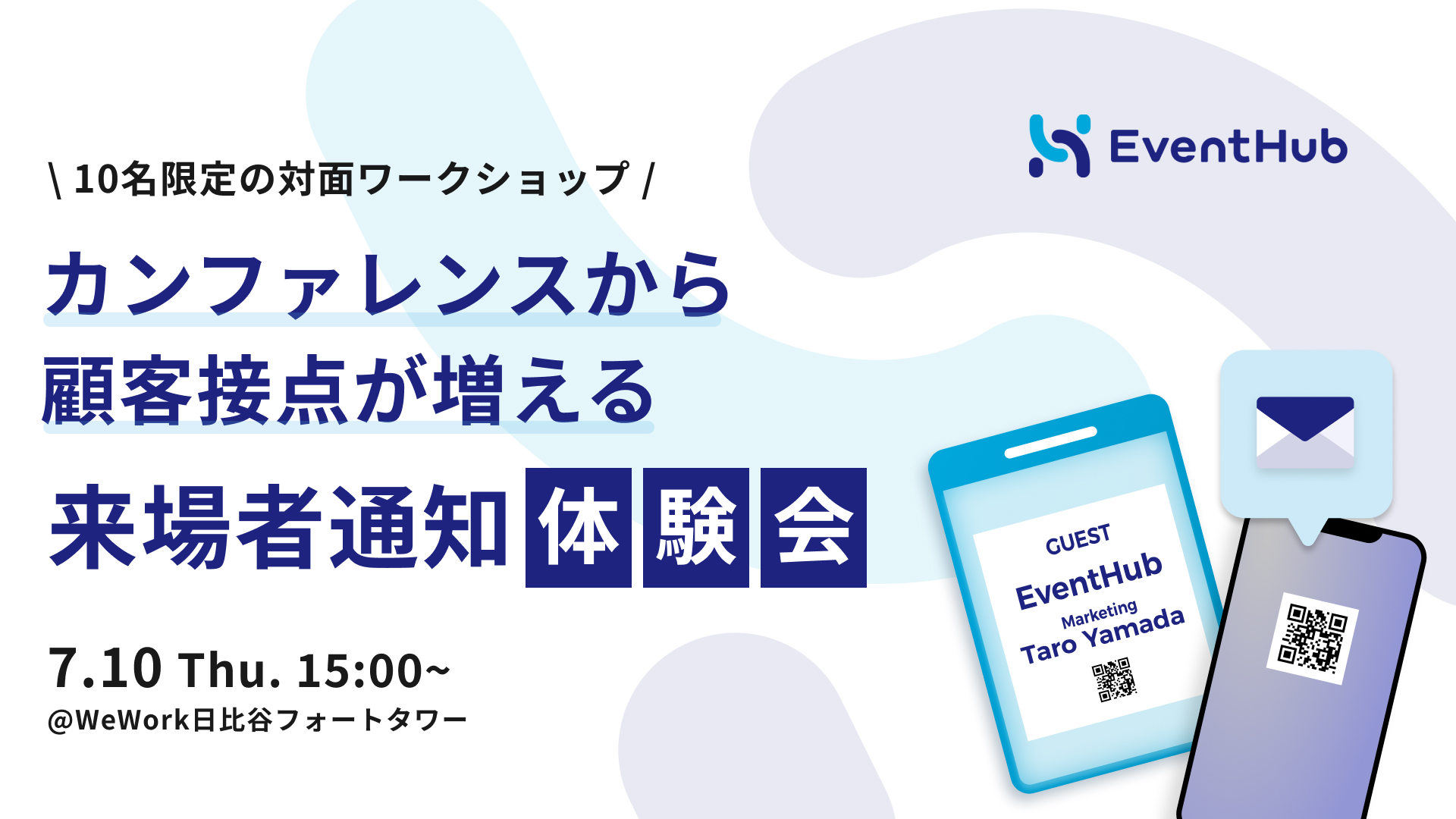 限定された参加枠を訴求するタイトル例となるバナー画像。セミナータイトルは「10名限定の対面ワークショップ カンファレンスから顧客接点が増える来場者通知体験会」
