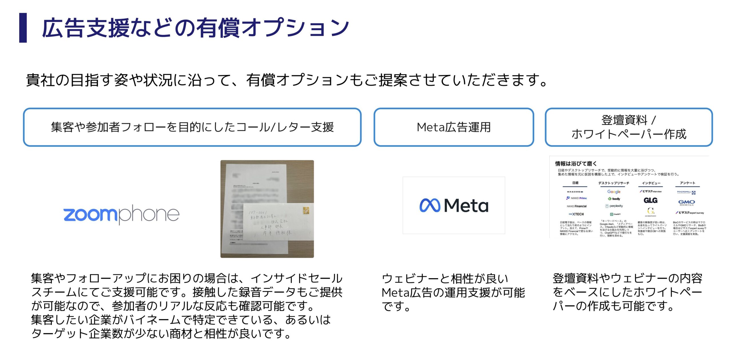 ウェビナーサクセス支援プランの広告支援などの有償オプション