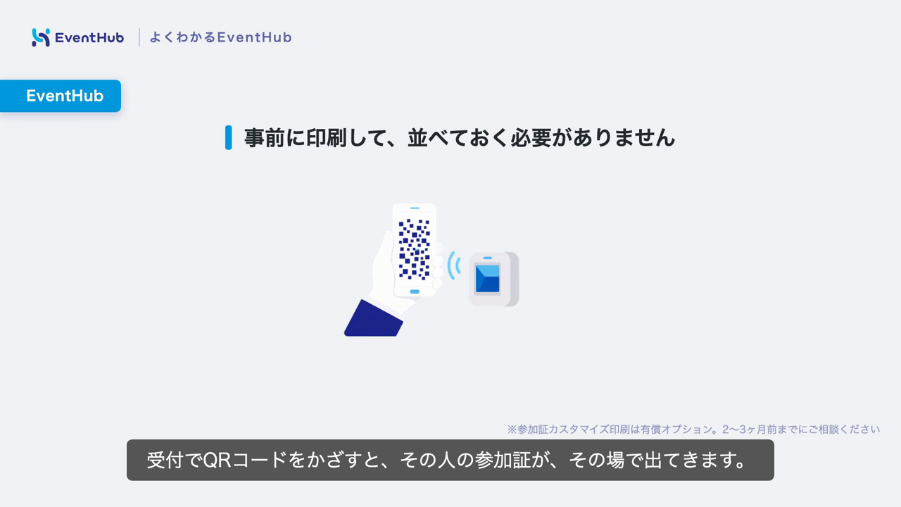 受付でQRコードをかざすと、その人の参加証がその場で印刷される